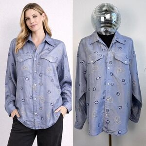 Lizwear 100% Silk Paisley Floral Button Down Shirt Medium, Western Paisely Blue